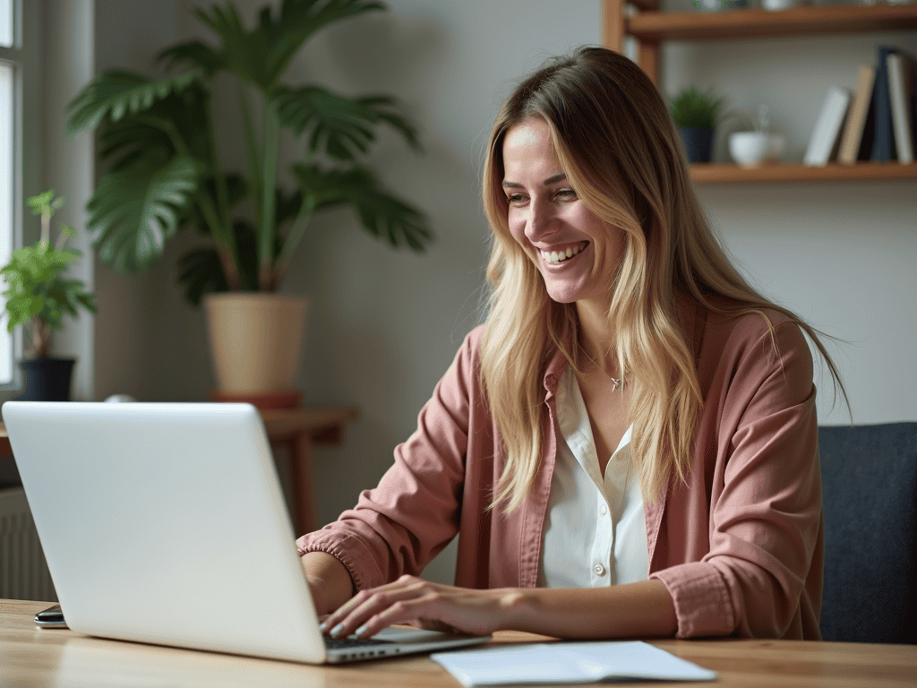 Woman working with her laptop in her home office